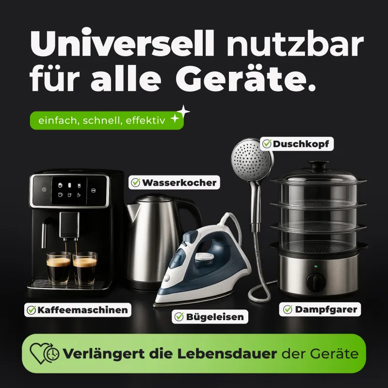 Geräte, die sich mit den Tabs entkalken lassen: Kaffeemaschine, Wasserkocher, Bügeleisen, Duschkopf und Dampfgarer